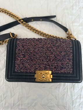 CHANEL Tweed Denim Shoulder Bag with Gold Hardware